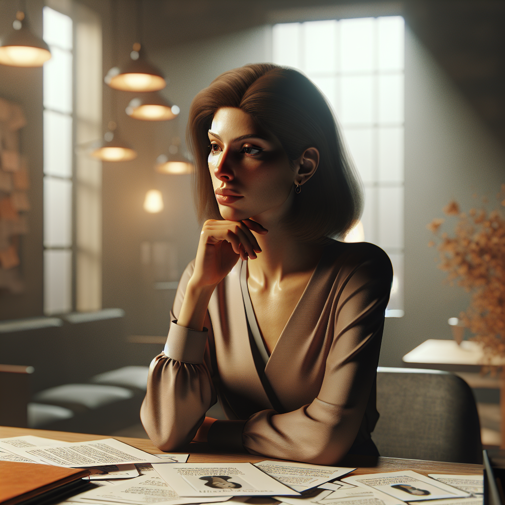 A woman sitting at her desk with a thoughtful expression, surrounded by notes on personal values and boundaries in the workplace, warm lighting