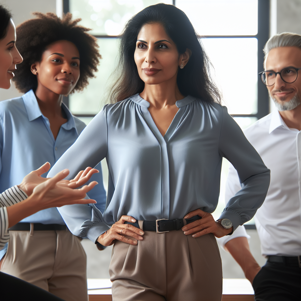 A professional woman confidently setting boundaries at work, surrounded by supportive colleagues