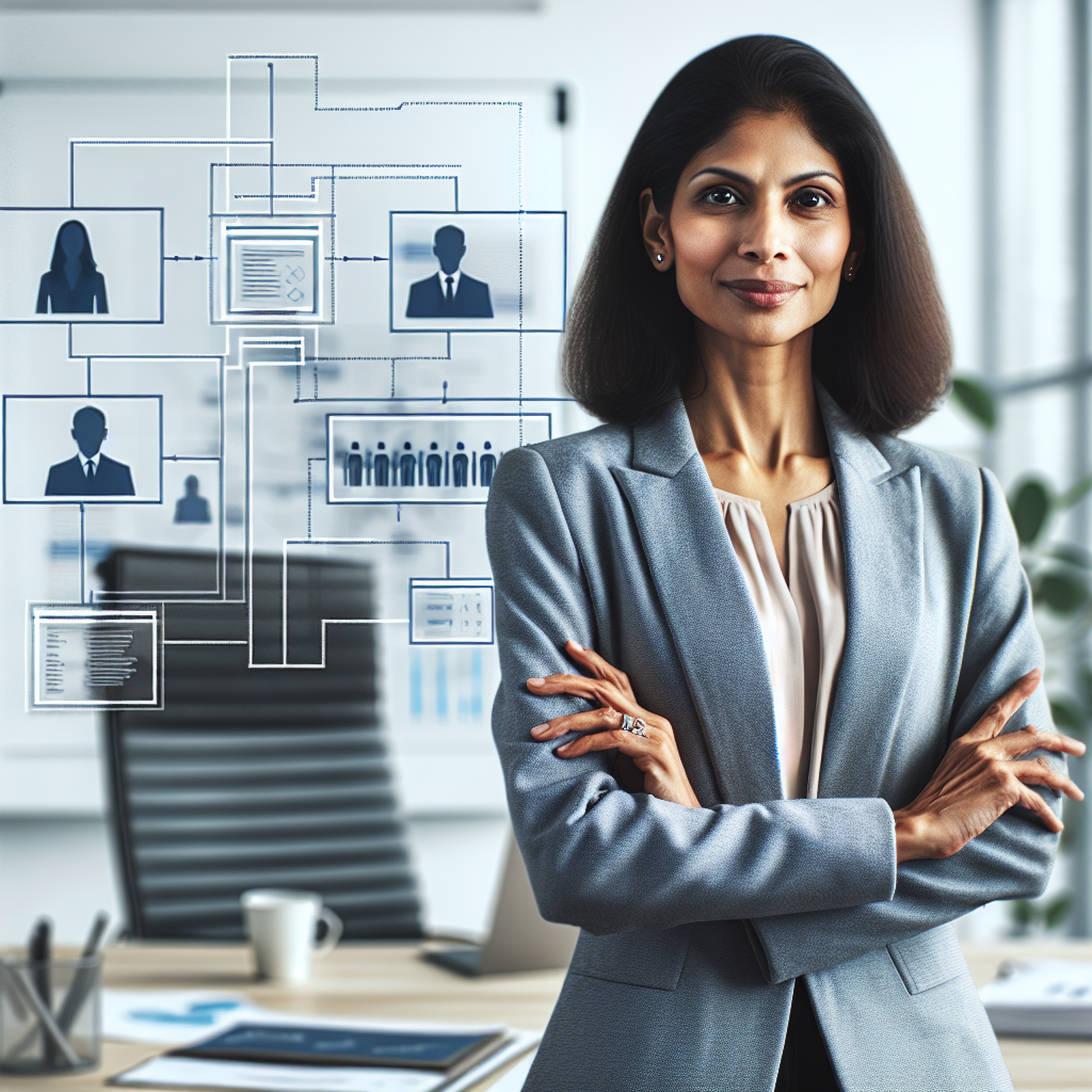 A professional woman standing confidently at her desk with clear organizational charts around her representing roles and responsibilities in the workplace
