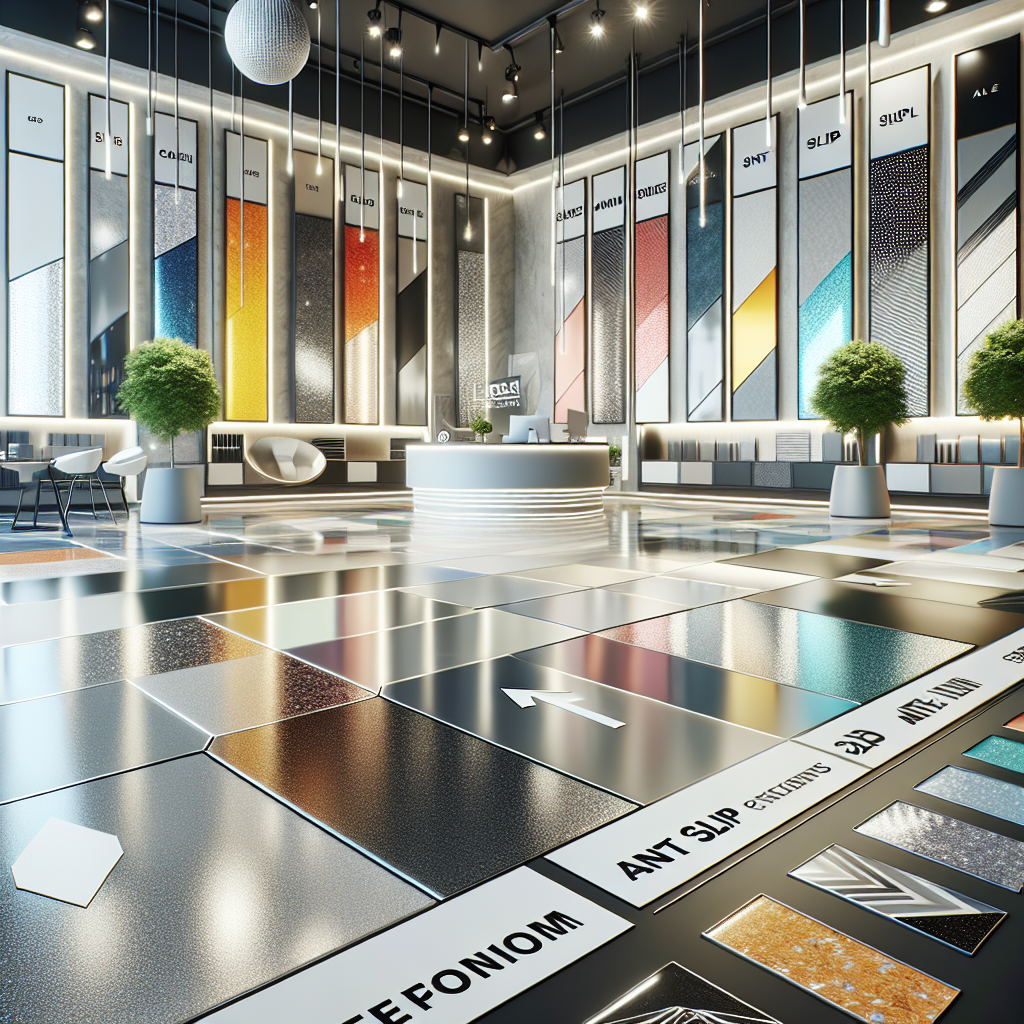A vibrant showroom featuring various styles of epoxy resin flooring including metallic finishes, 3D designs, and anti-slip options