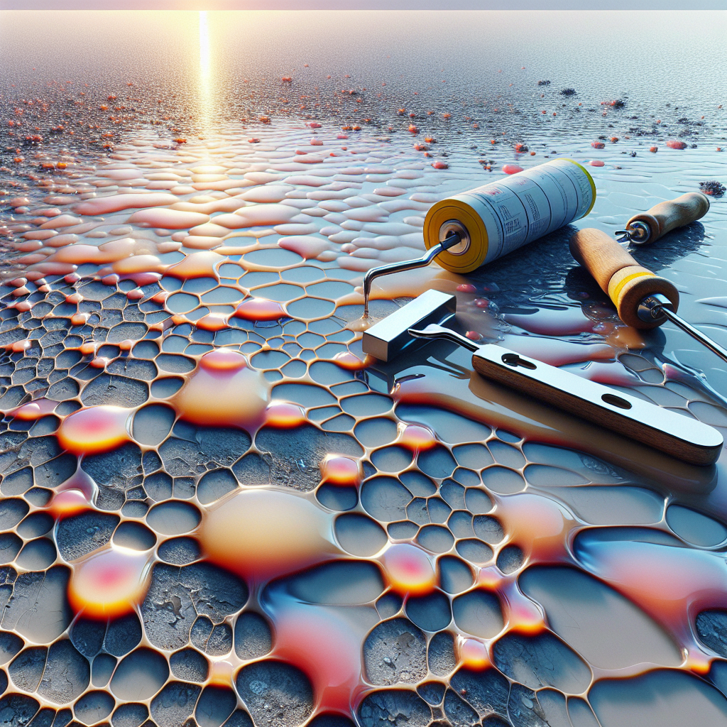 A close-up view showing pitting and bubbling on an epoxy resin floor alongside repair tools
