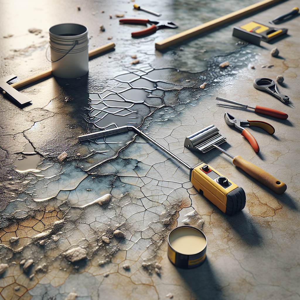 A detailed view showing cracked and peeling sections of an epoxy resin floor alongside repair tools