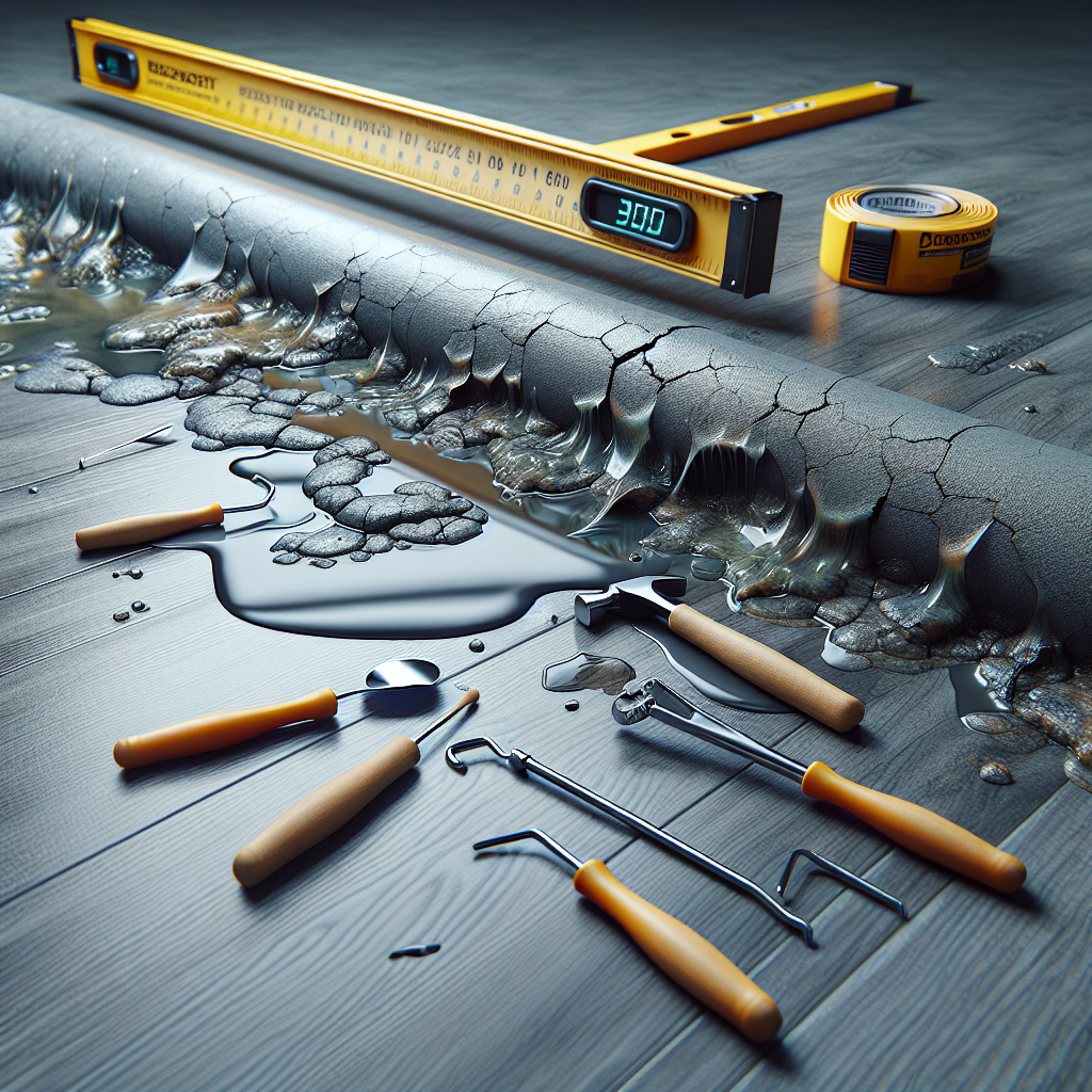 A close-up view showing signs of moisture damage on an epoxy resin floor alongside repair tools