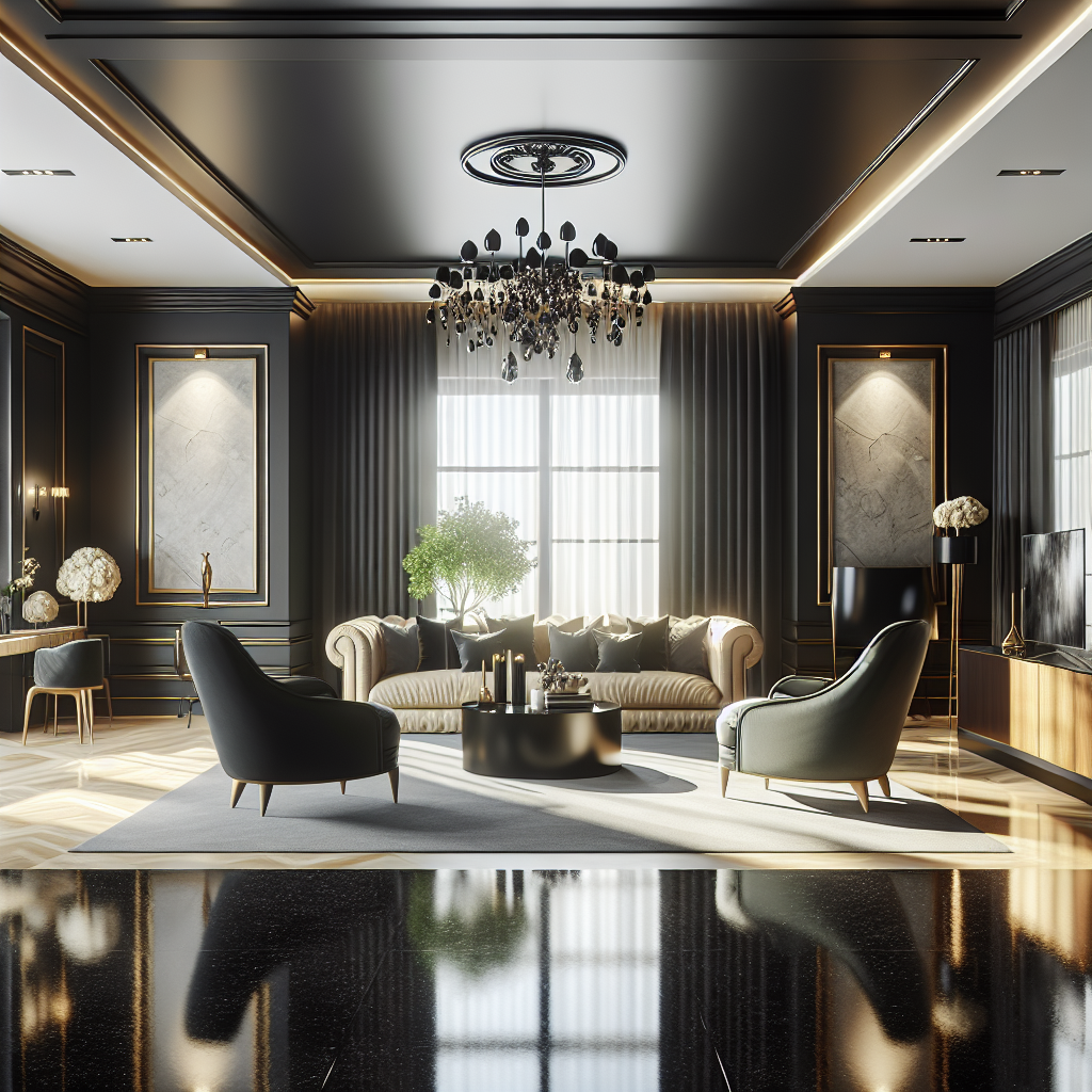 A luxurious living room featuring <a href='https://example.com/polished-black-epoxy-floor'>polished black epoxy floor</a>ing with modern furniture