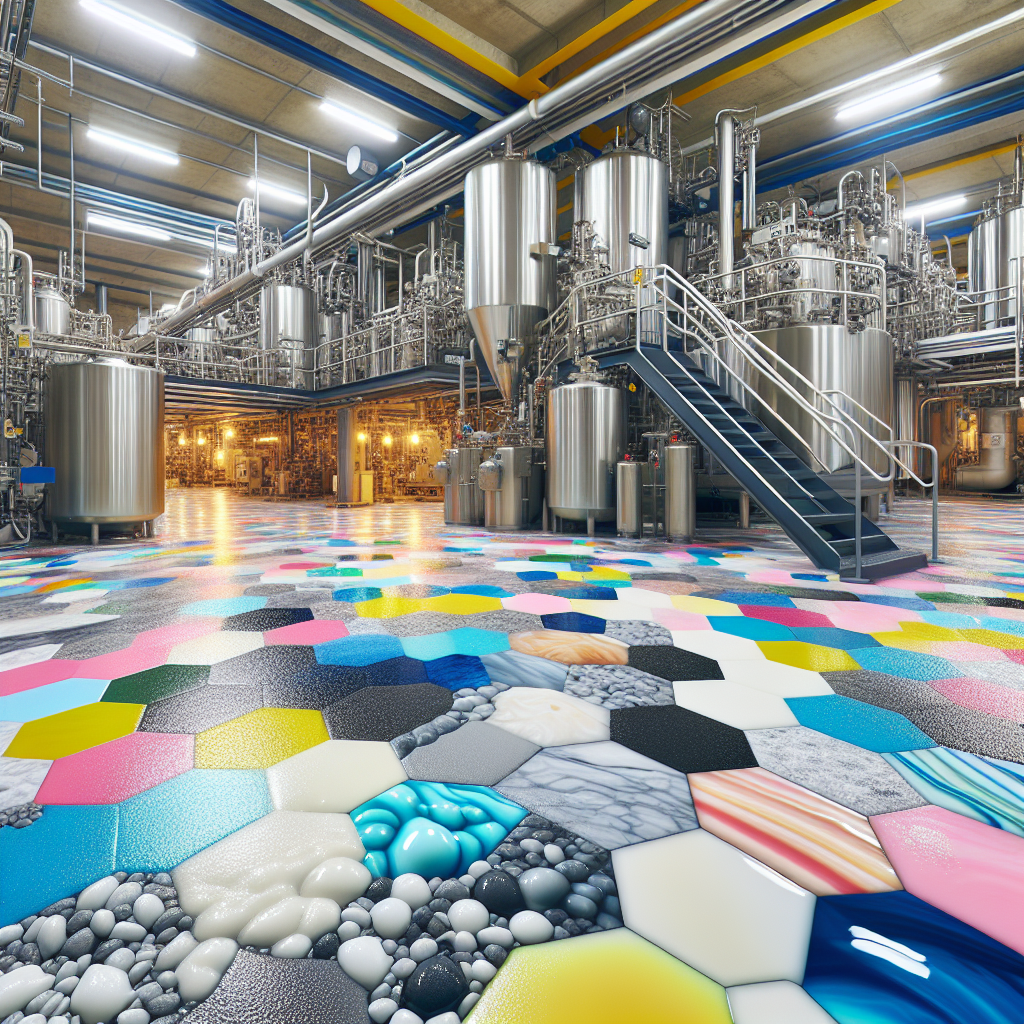 A close-up view of an industrial workspace featuring chemical resistant epoxy flooring with vibrant colors and textures.