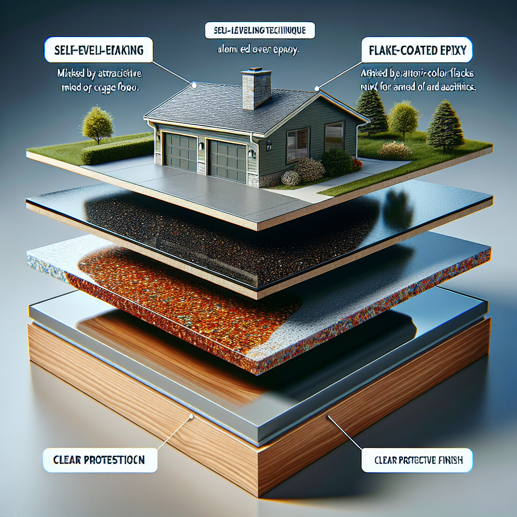 An artistic display showcasing different types of epoxy coatings applied on various surfaces including self-leveling, flake-coated garage floor, and clear protective finish over wood.