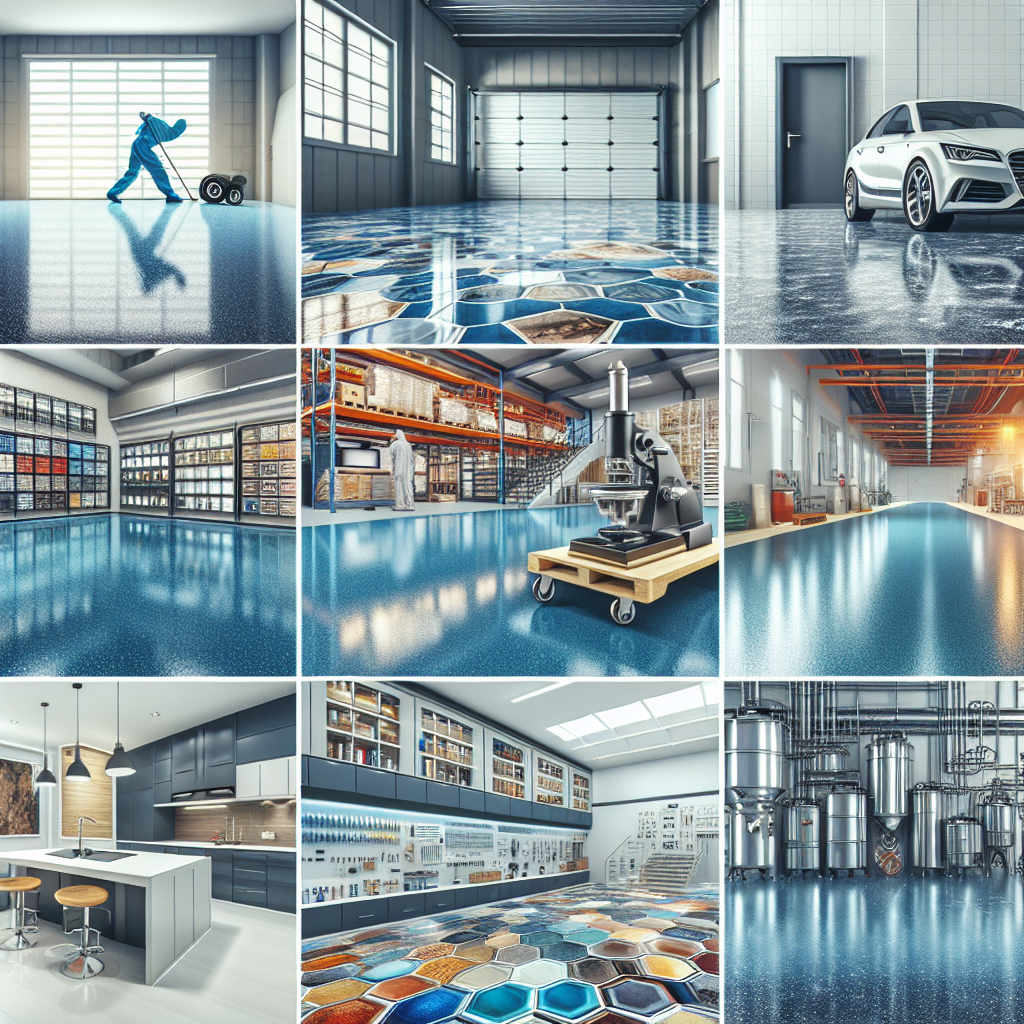 A collage showcasing various applications of epoxy coatings including residential garages, commercial showrooms, industrial warehouses, and laboratory floors.