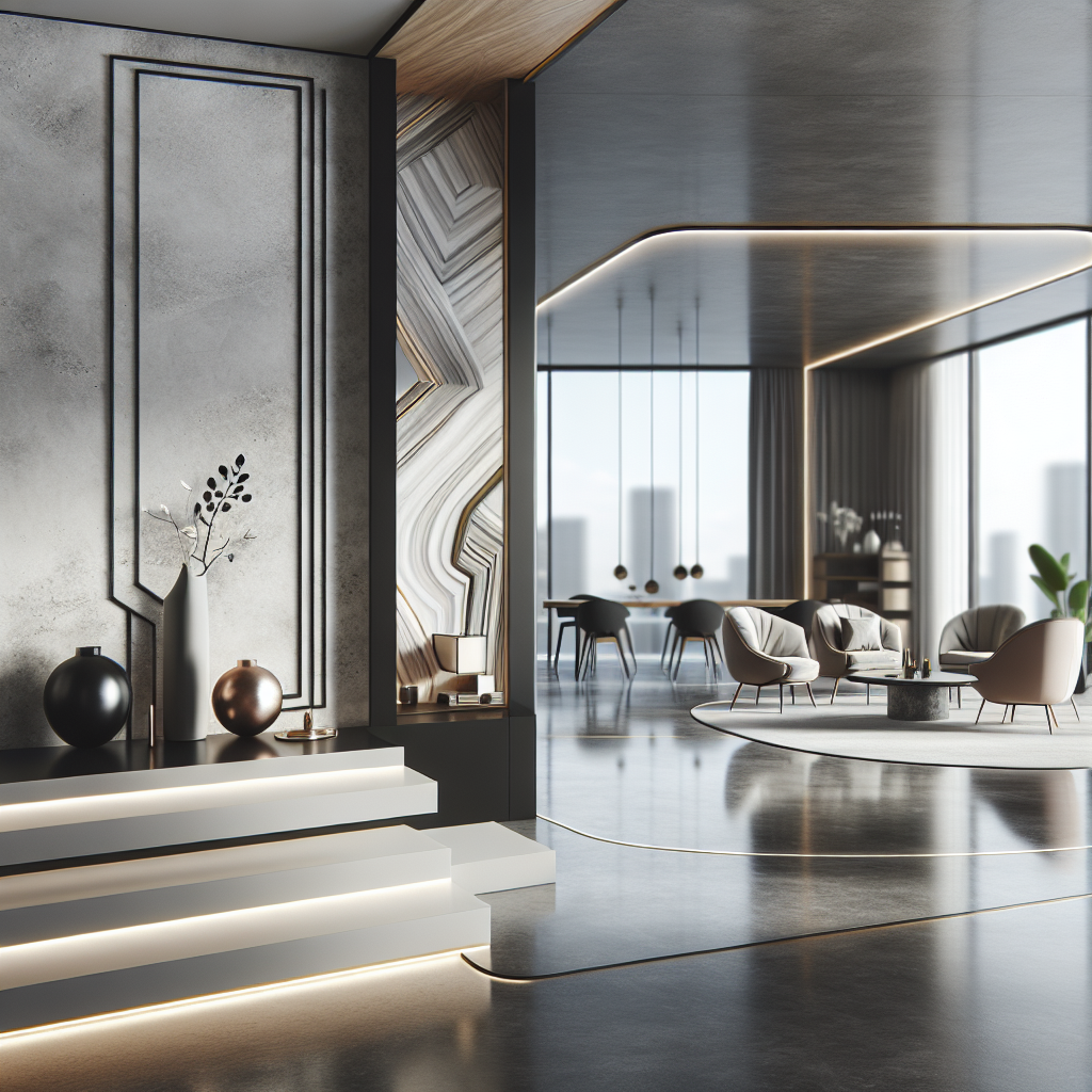 A stylish modern interior featuring polished concrete floors with decorative elements
