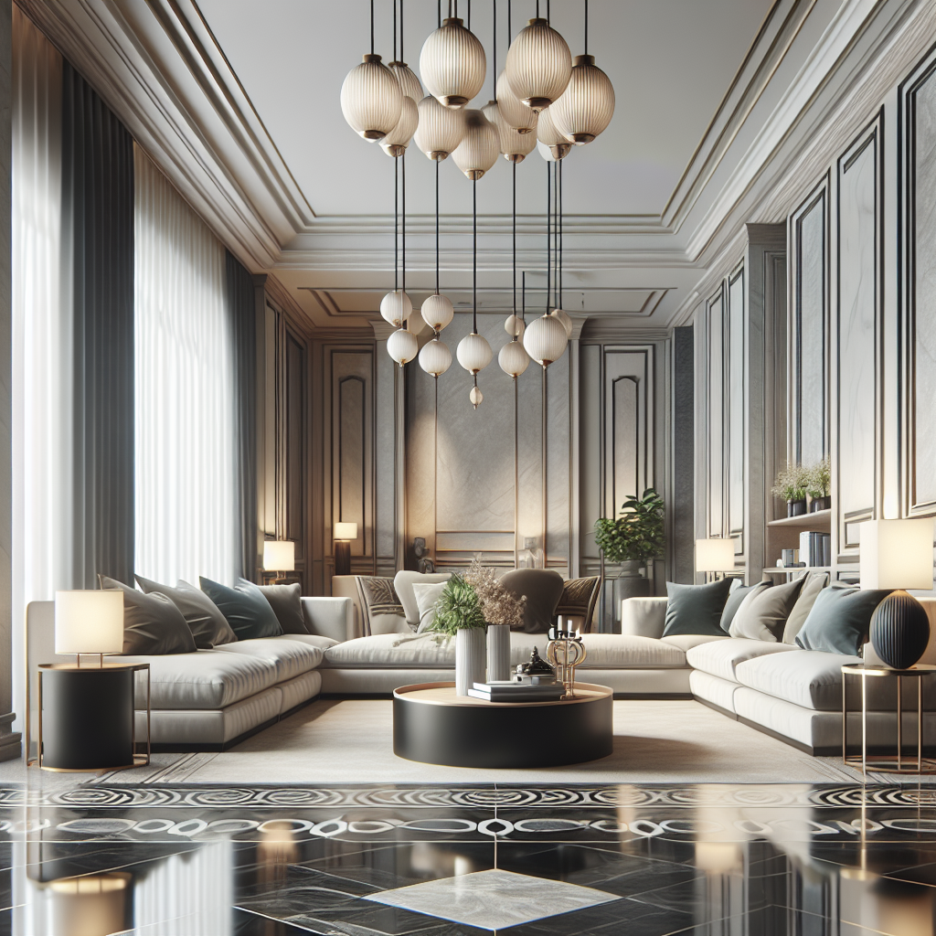 An elegant living room showcasing various designs of polished concrete floors with decorative elements