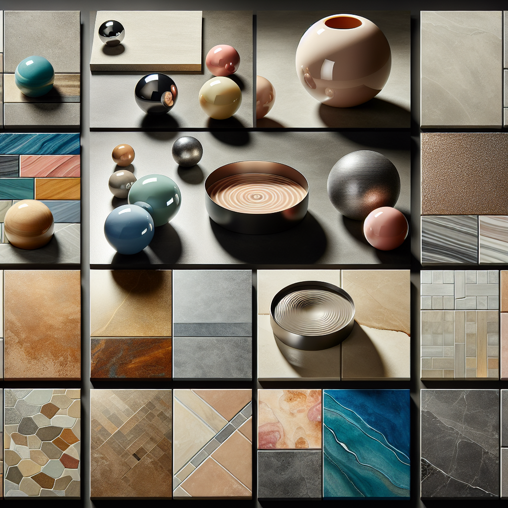 A collage showcasing different types of polished concrete finishes including satin, high gloss, matte, and stained options