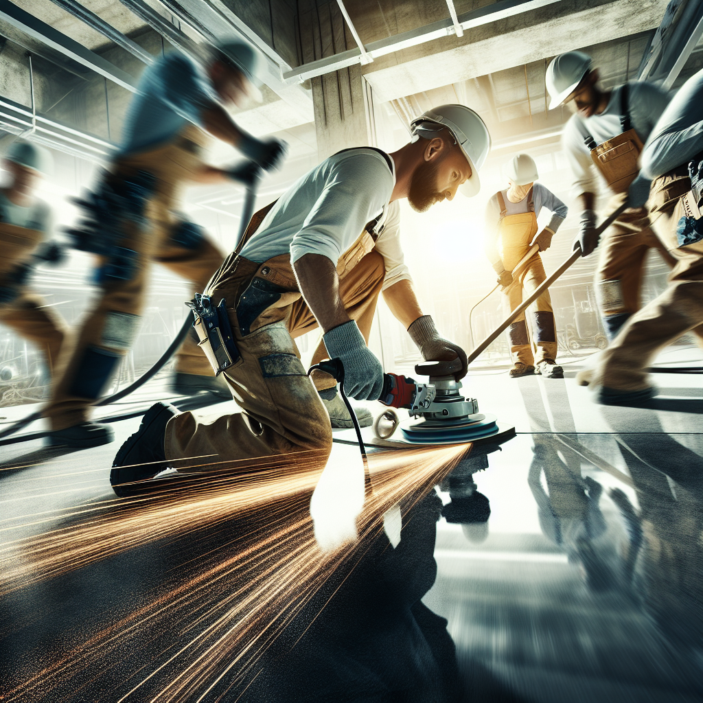 A professional installation scene showing workers preparing polished concrete floors with grinding equipment