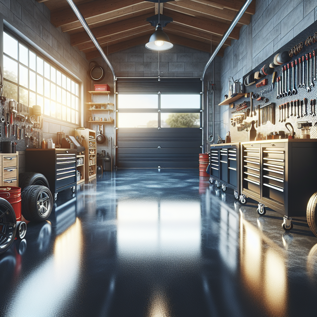 A modern garage featuring shiny metallic epoxy floors with tools neatly organized on shelves