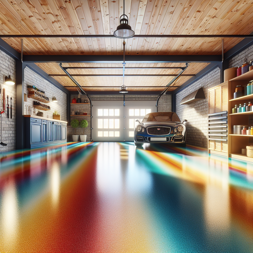 A beautifully finished garage with vibrant colored epoxy flooring showcasing its durability and aesthetics