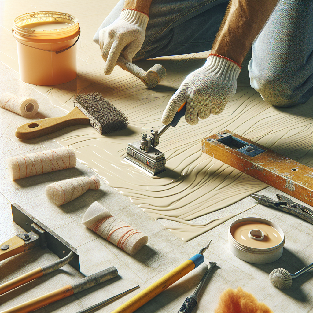A close-up view of an epoxy floor showing minor scratches being repaired with tools and cleaning products