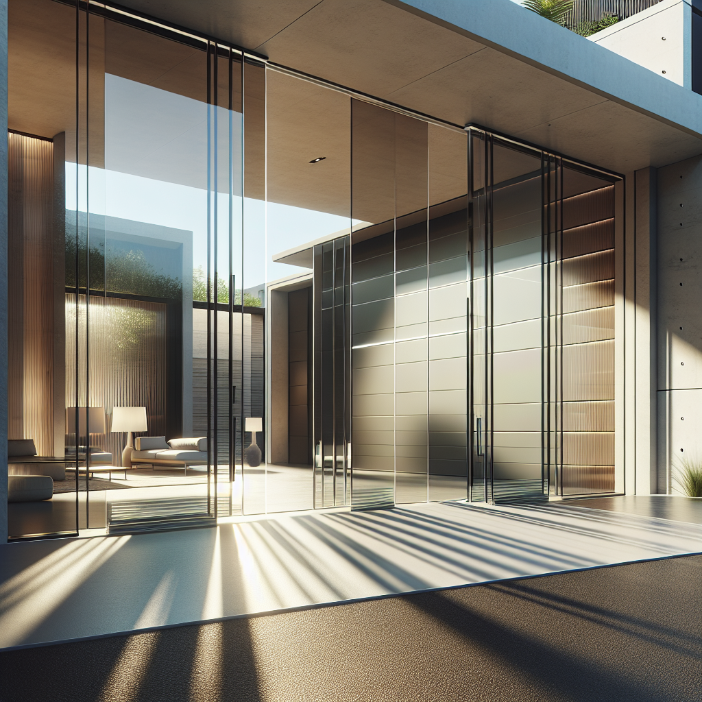 A modern home featuring sleek glass garage doors with clear panels reflecting sunlight
