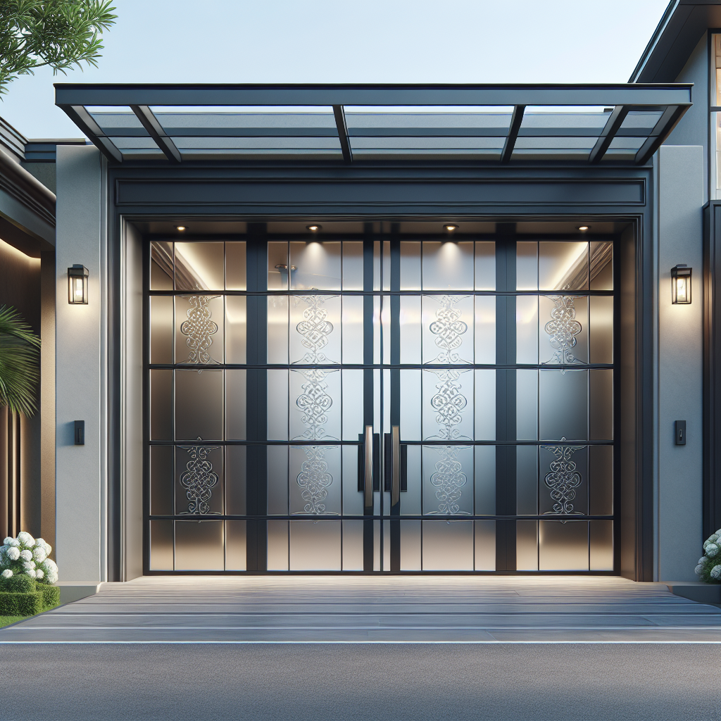 A luxurious modern glass garage door featuring custom frosted designs and aluminum frame, set against an elegant home exterior