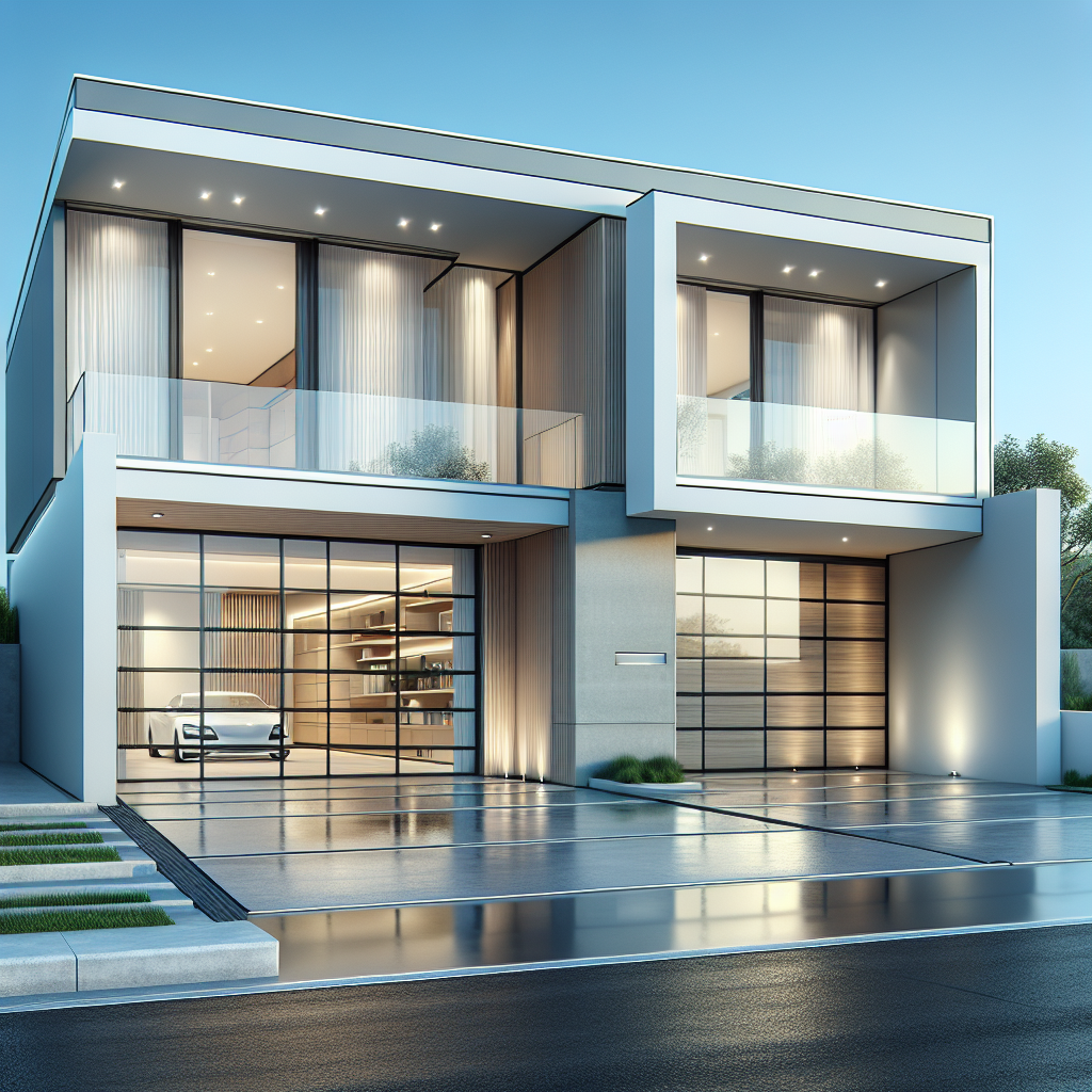 A modern home featuring sleek clear glass garage doors integrated with contemporary architecture