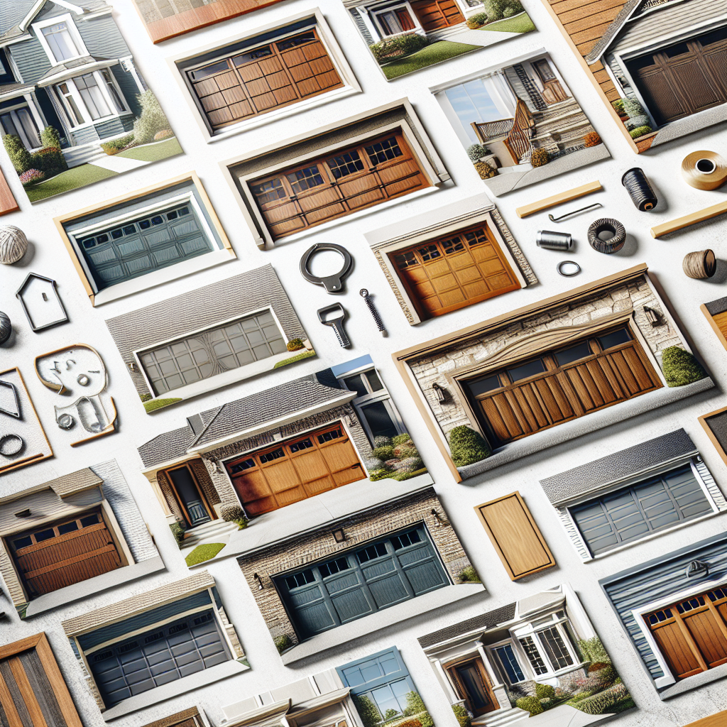 A variety of different types of garage doors including steel, wooden, aluminum, and custom designs showcased in a residential setting