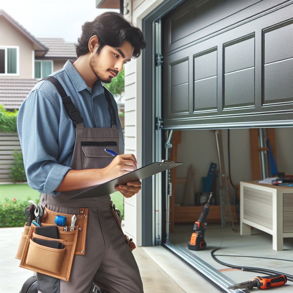 A professional technician installing a modern sectional garage door in a residential setting
