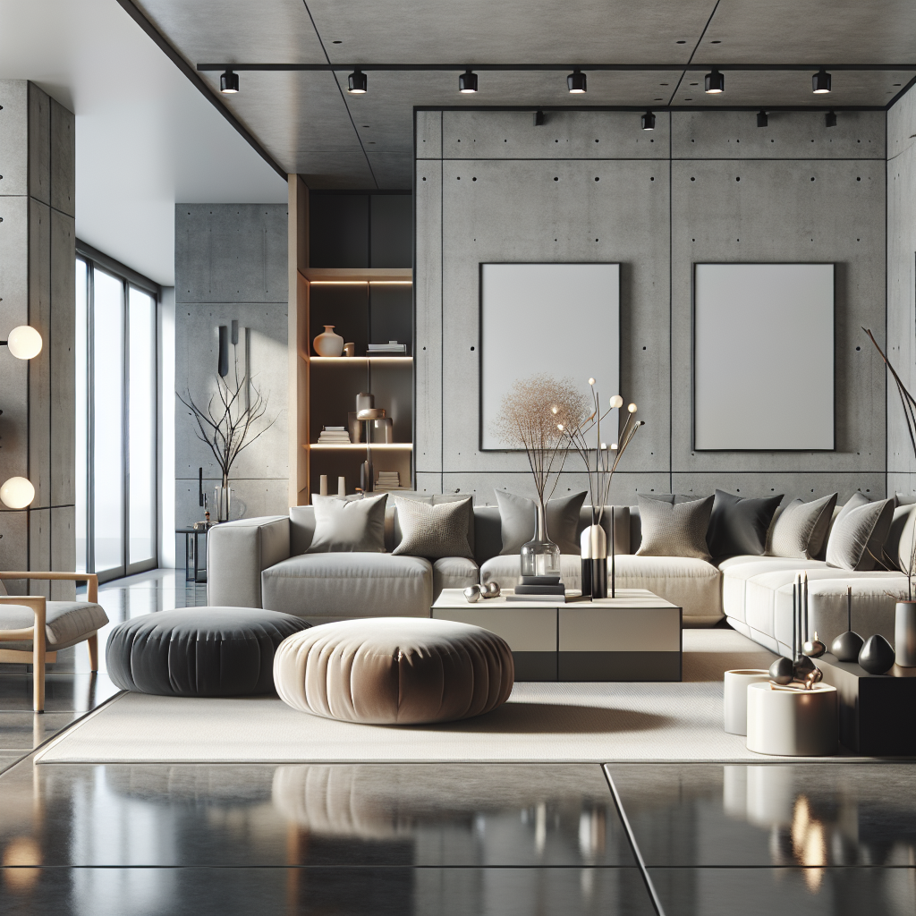 A modern living room featuring polished concrete floors with stylish furniture and decorative elements