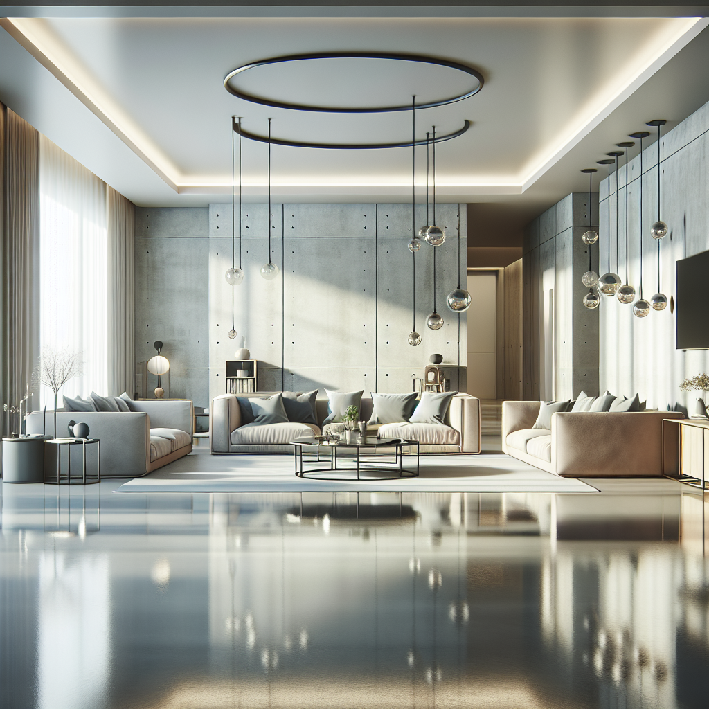 A modern living room with polished concrete floors reflecting light, showcasing furniture and decor in a stylish setting