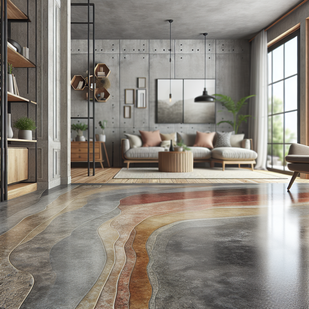 A beautifully stained concrete floor in a modern living room setting showcasing various color tones and patterns