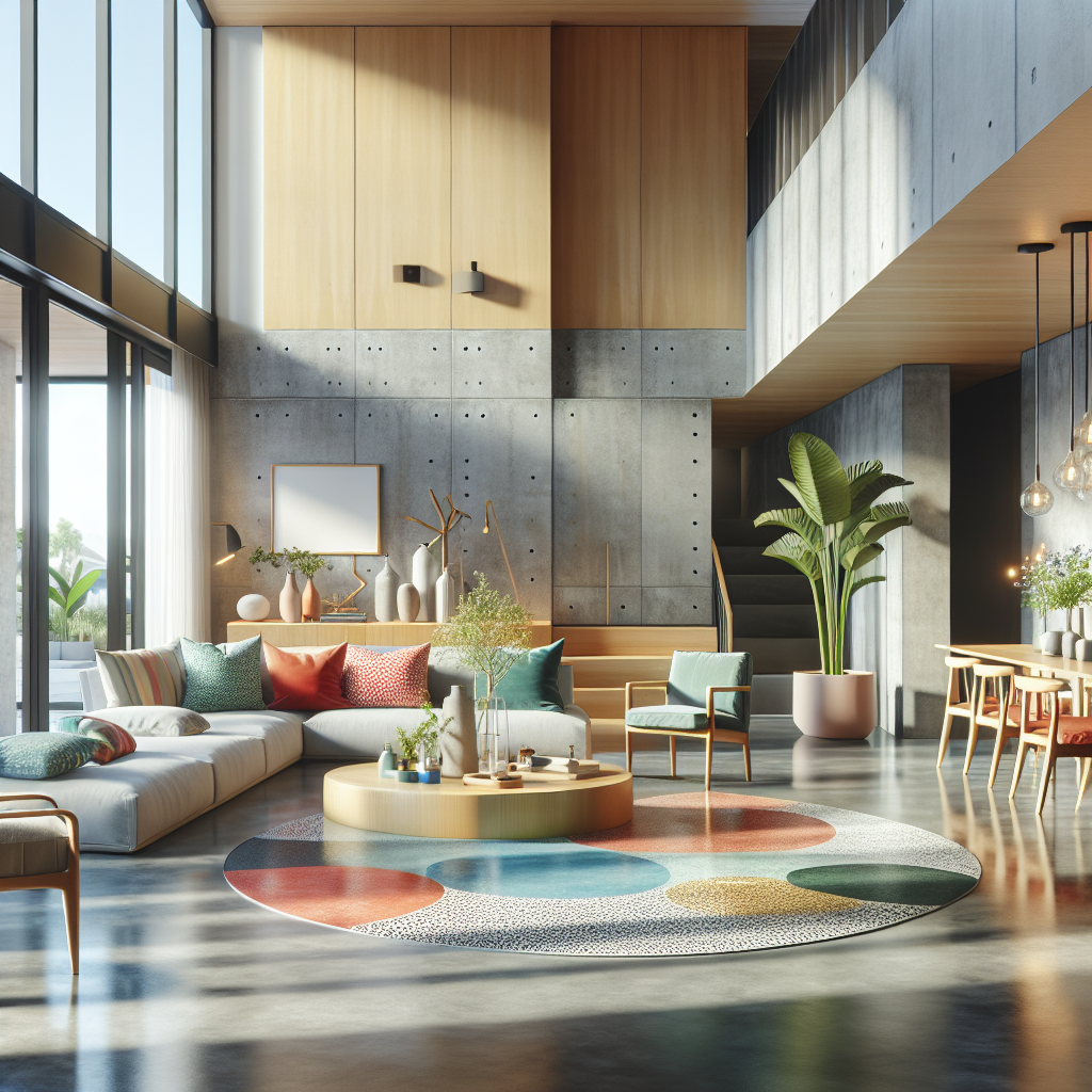 A beautifully designed residential space showcasing decorative concrete floors with acid stains and polished finishes, featuring modern furniture and vibrant decor