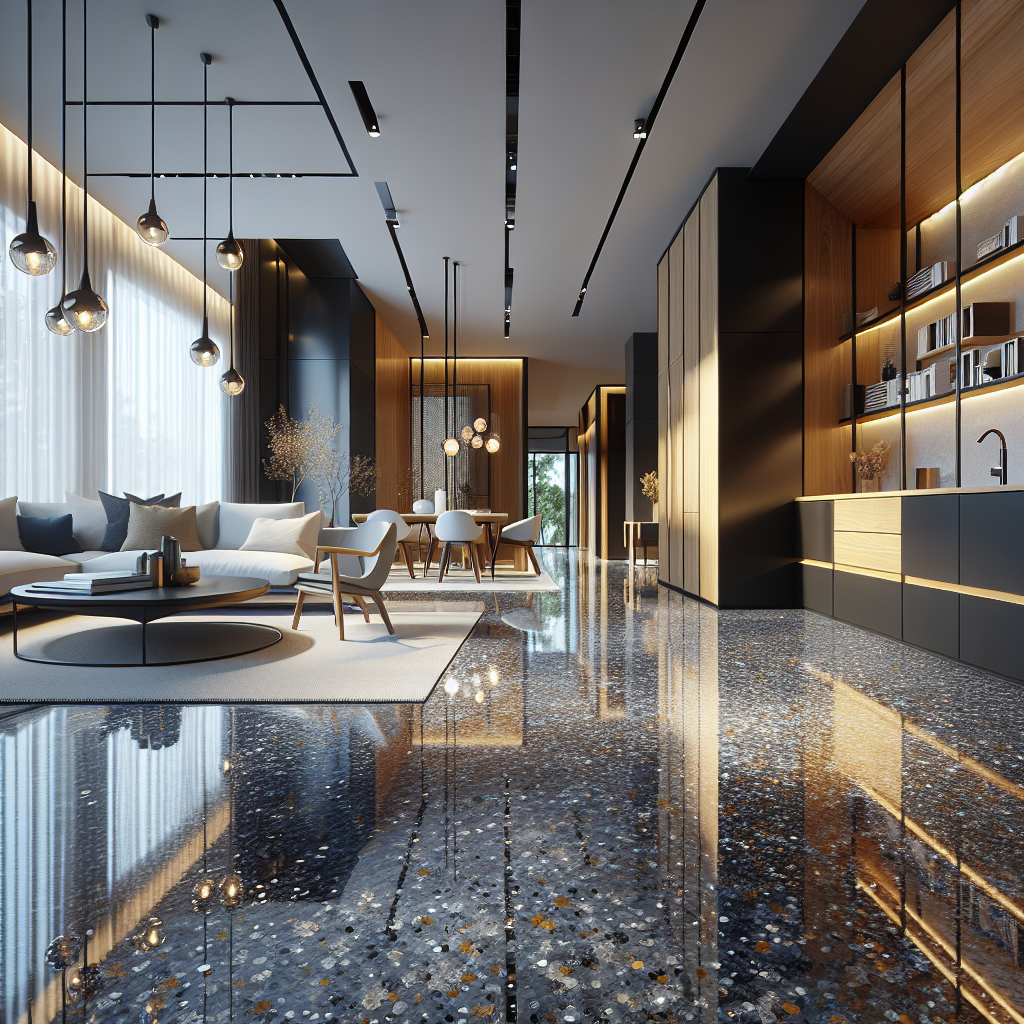 A modern interior showcasing various types of resin flooring including high-gloss finishes and decorative flake systems in residential and commercial settings