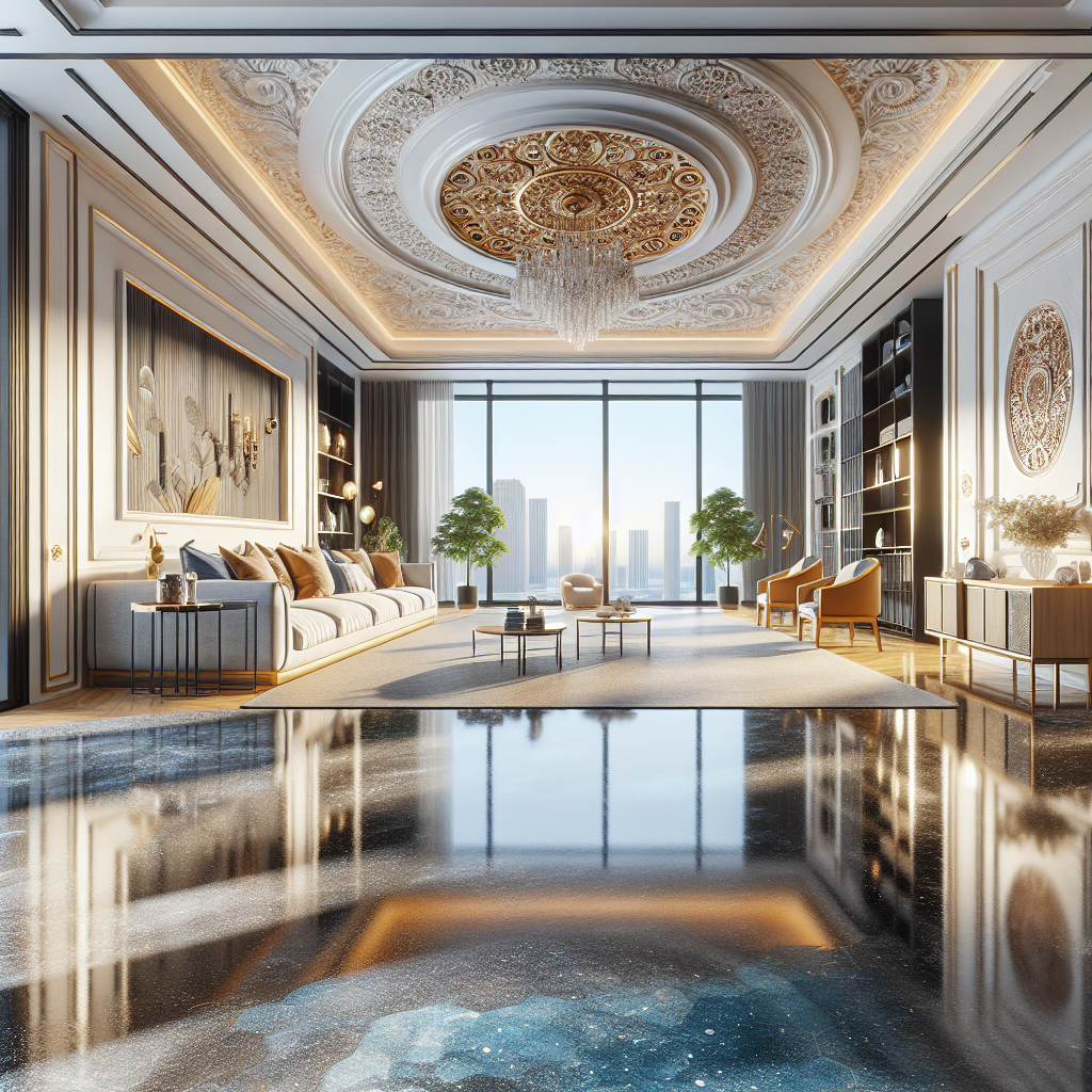 A beautifully designed interior showcasing various styles of resin flooring including high-gloss finishes and decorative patterns