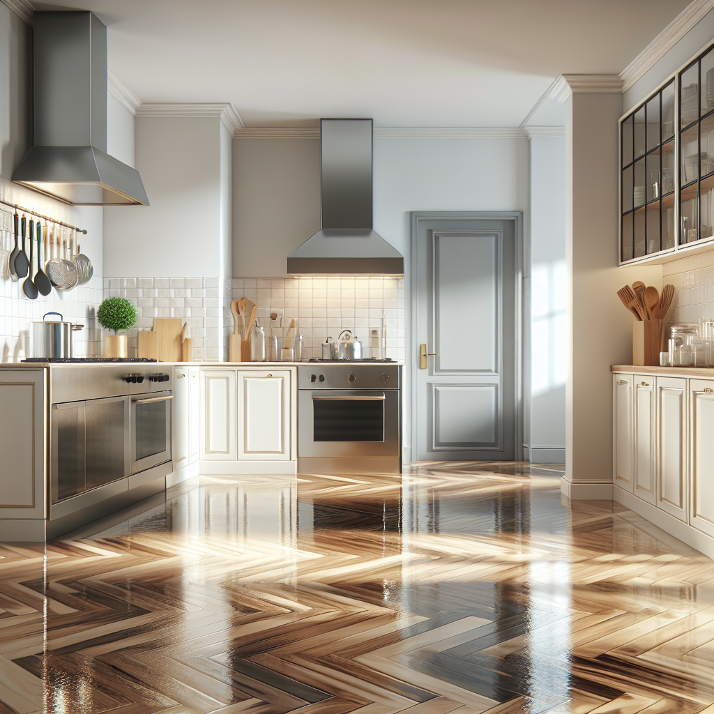A beautifully maintained kitchen with glossy resin flooring reflecting light, showcasing cleanliness and elegance