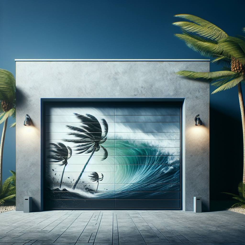 A strong hurricane-proof garage door with palm trees in the background, showcasing its durability against stormy weather