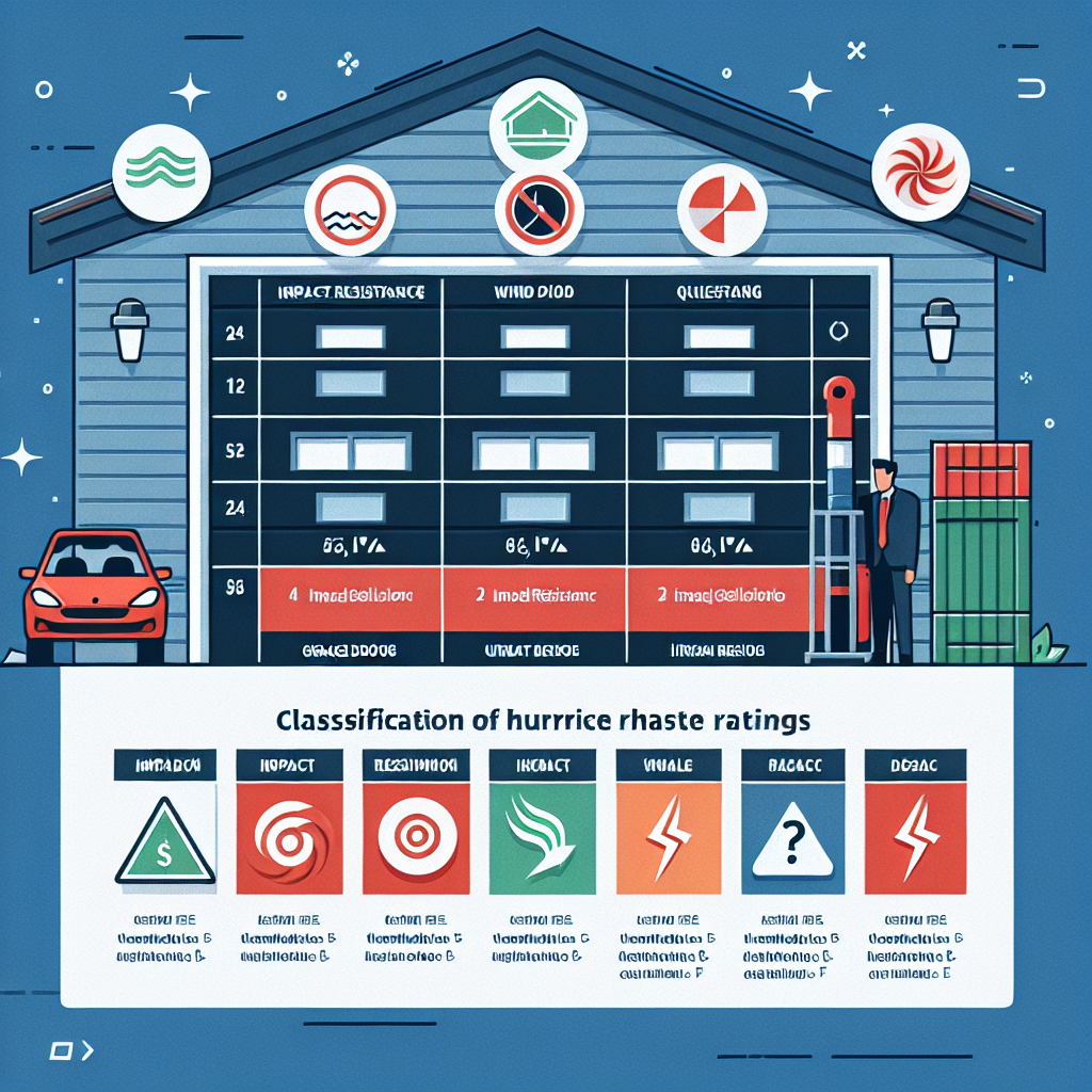 A diagram showing hurricane rating classifications for garage doors, including impact resistance levels and wind load requirements, in a flat design style