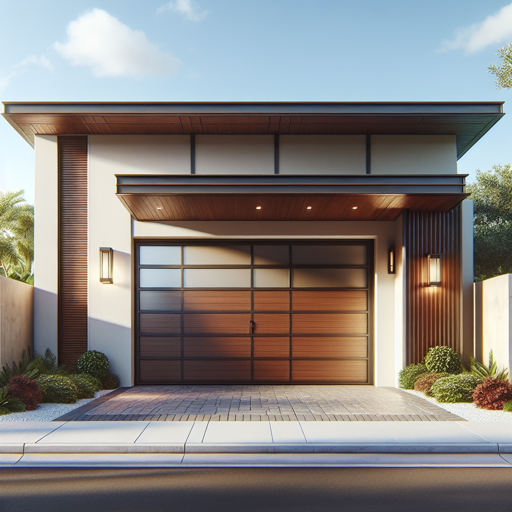 A strong and stylish hurricane-proof garage door installed on a modern home in South Florida during a sunny day