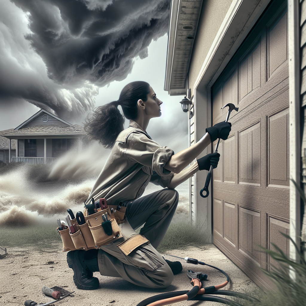 A technician installing a hurricane-proof garage door in a South Florida home during cloudy weather
