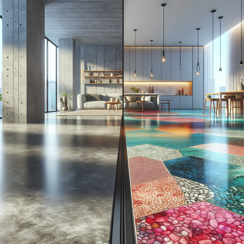 A split image showcasing one side with polished concrete flooring and the other side with colorful epoxy coated flooring in a modern living space