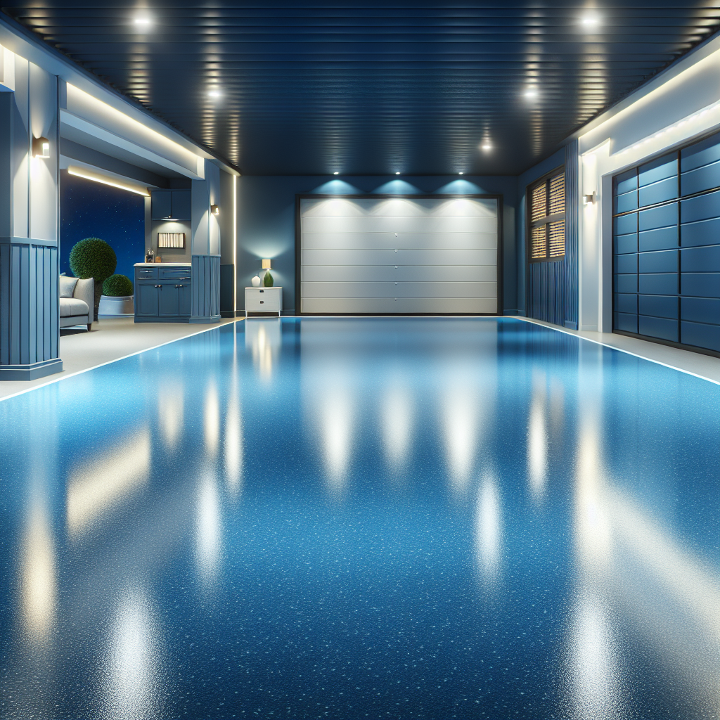 A modern residential garage with shiny blue epoxy flooring, showcasing its seamless finish under bright lights