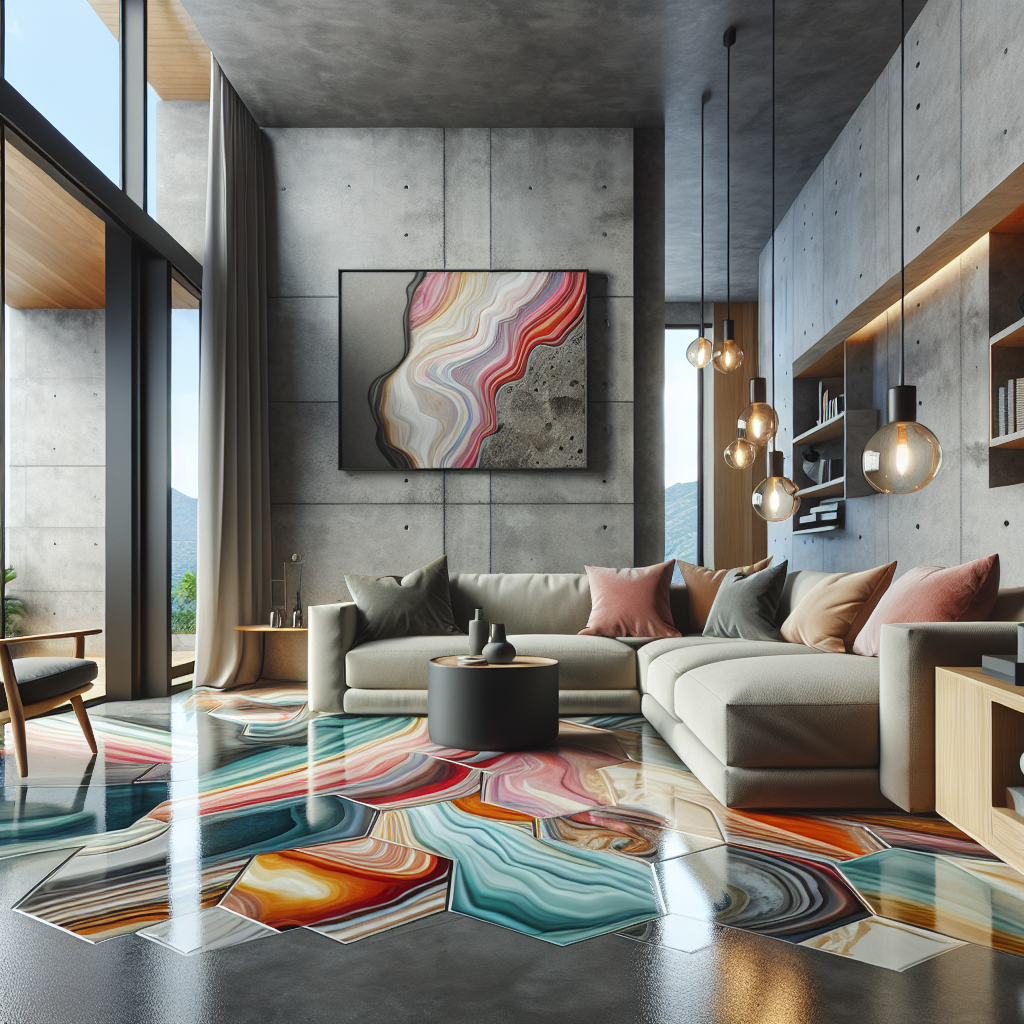 A stylish living room featuring both decorative concrete flooring and colorful epoxy coatings