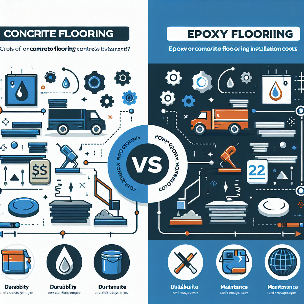A side-by-side comparison of concrete flooring vs epoxy flooring installation costs with visual elements representing durability and maintenance