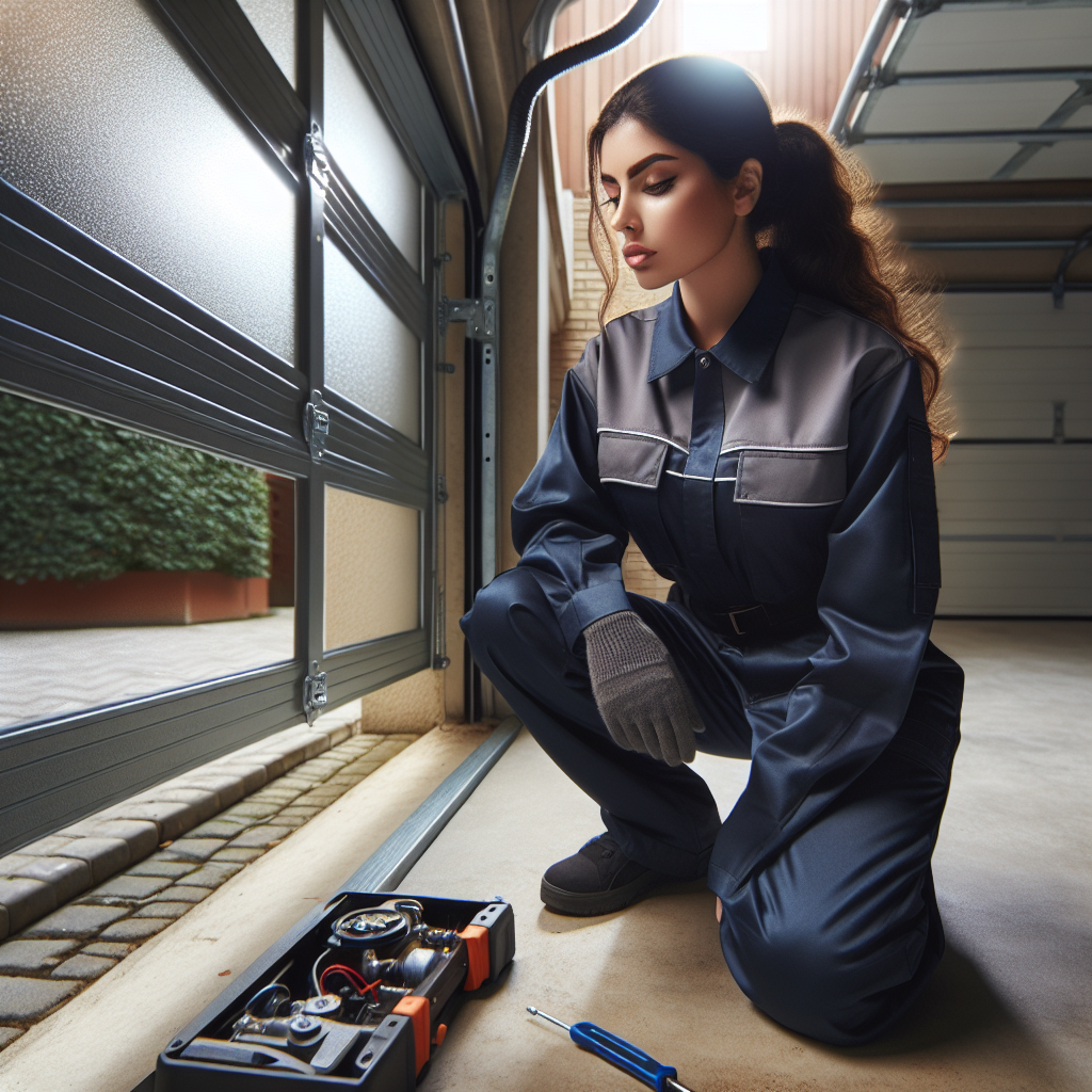 A technician inspecting a malfunctioning garage door in a home setting