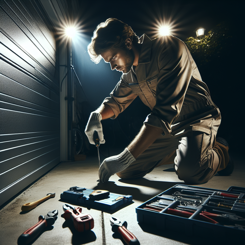 A technician repairing a broken garage door at night with tools in hand, illuminated by work lights