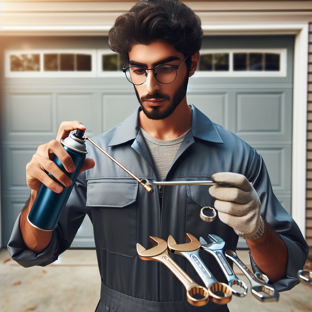 A technician performing maintenance on a residential garage door, showcasing tools like lubricant spray and wrenches.