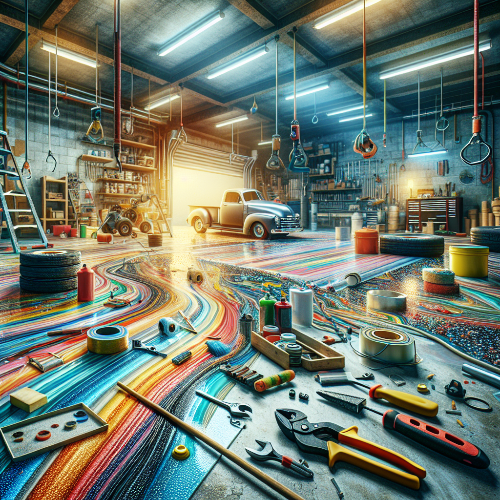 A vibrant epoxy garage floor installation in progress, showcasing different colors and textures, with tools and materials in use