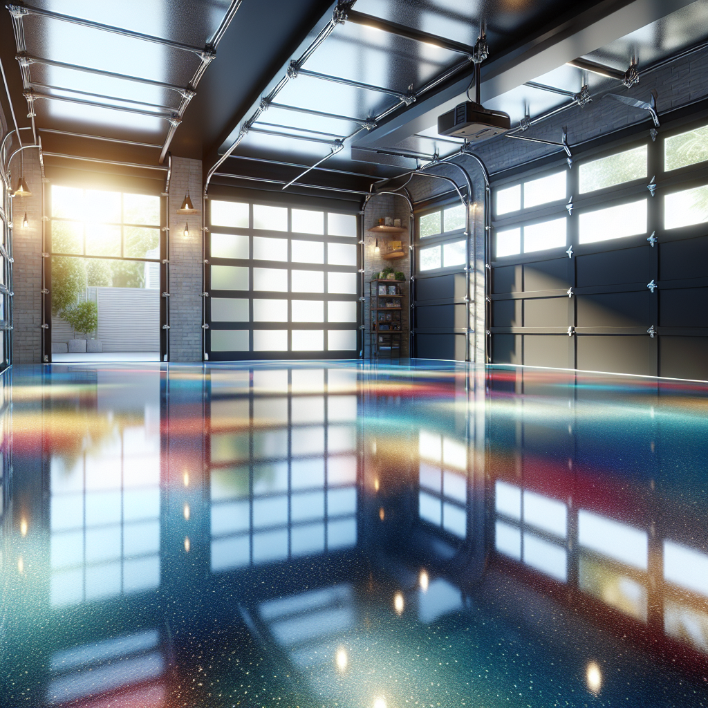 A vibrant garage with a newly installed high-gloss epoxy floor showcasing various color options and decorative patterns