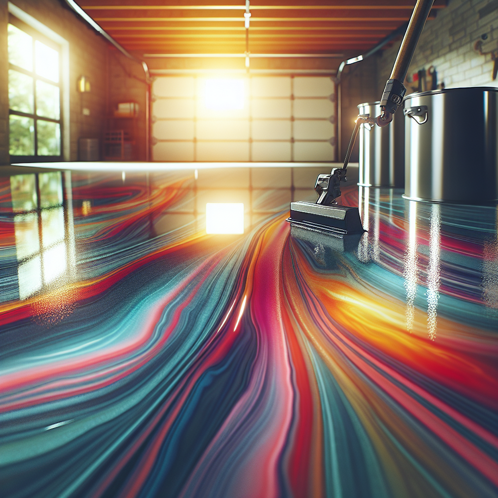 A professional epoxy garage floor installation in progress, showcasing vibrant colors and a high-gloss finish