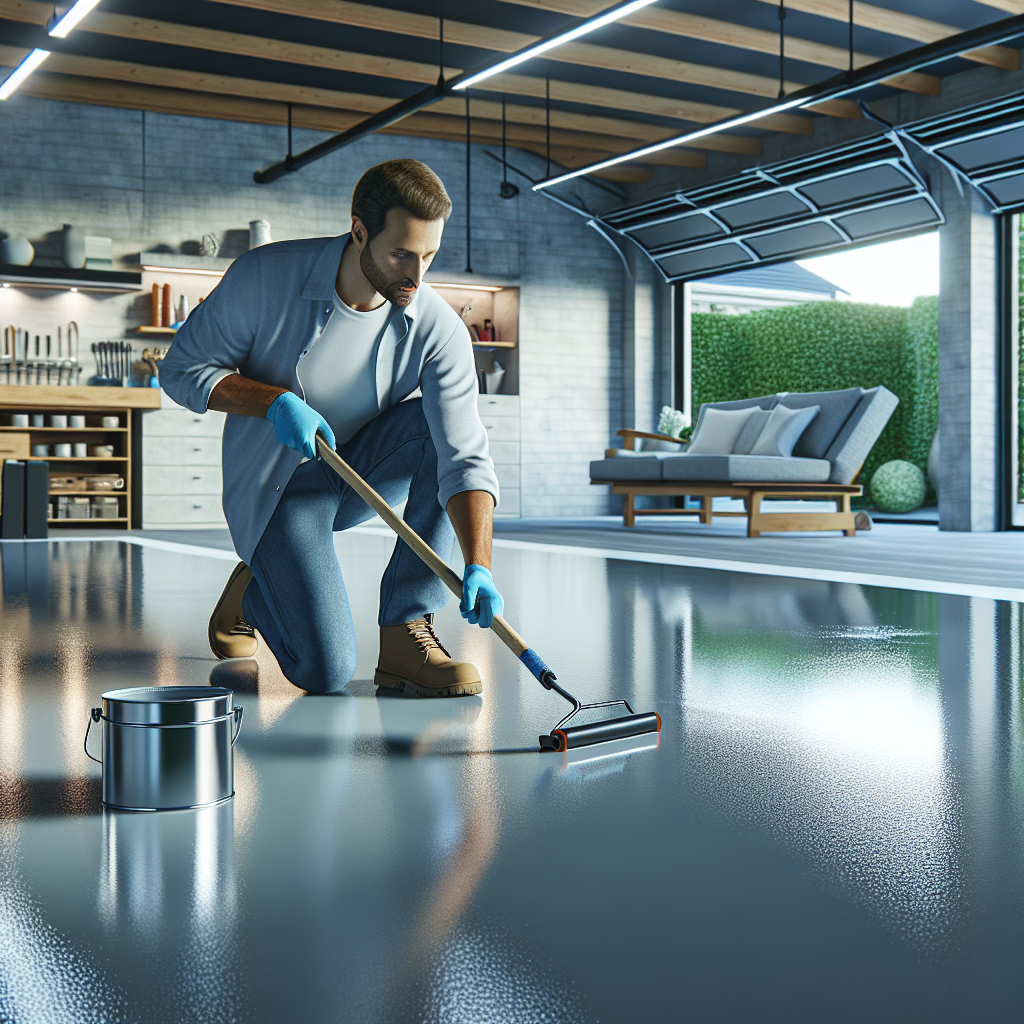 A professional epoxy garage floor installer applying high-gloss epoxy coating in a modern garage