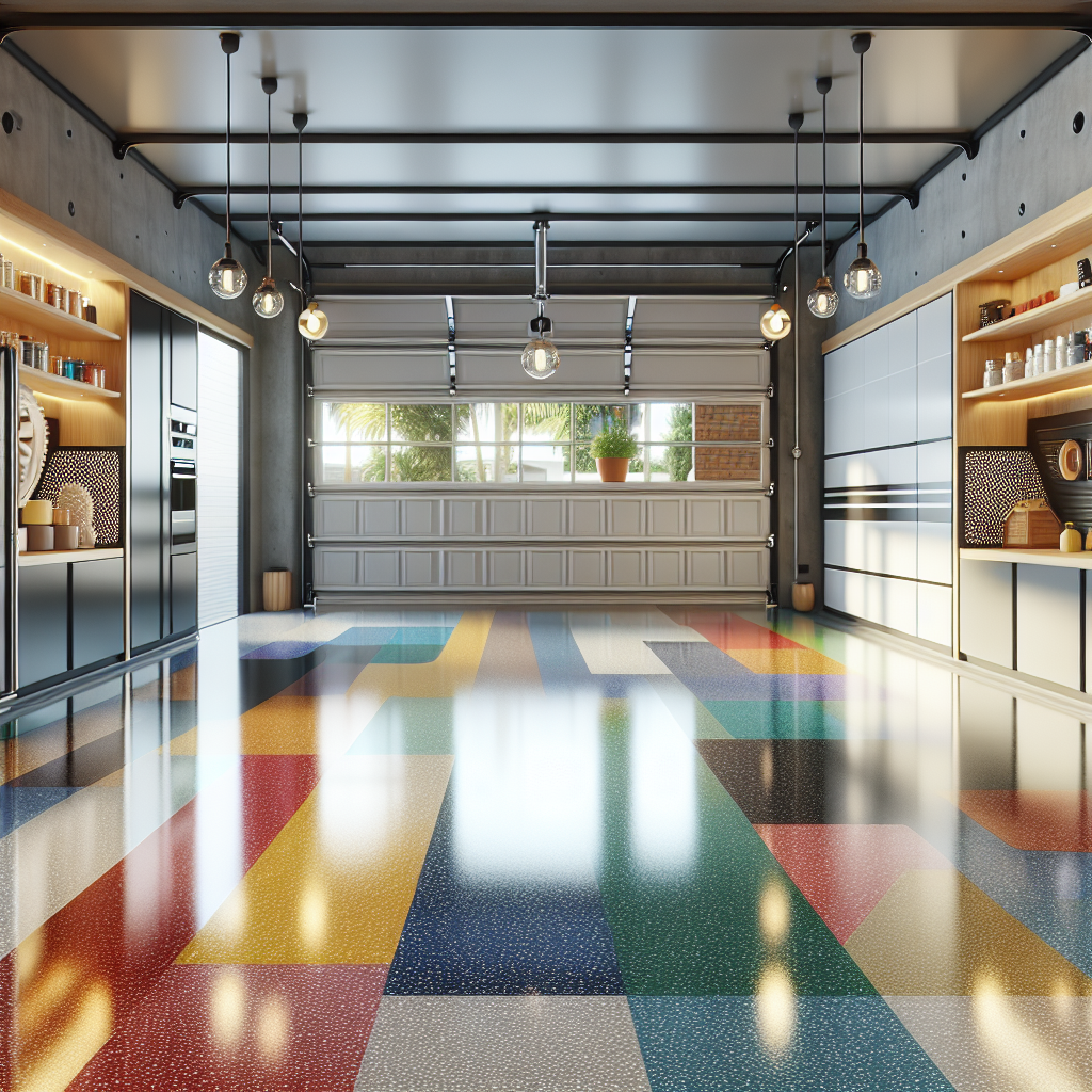 A modern garage with a shiny epoxy floor, showcasing various color options and decorative finishes