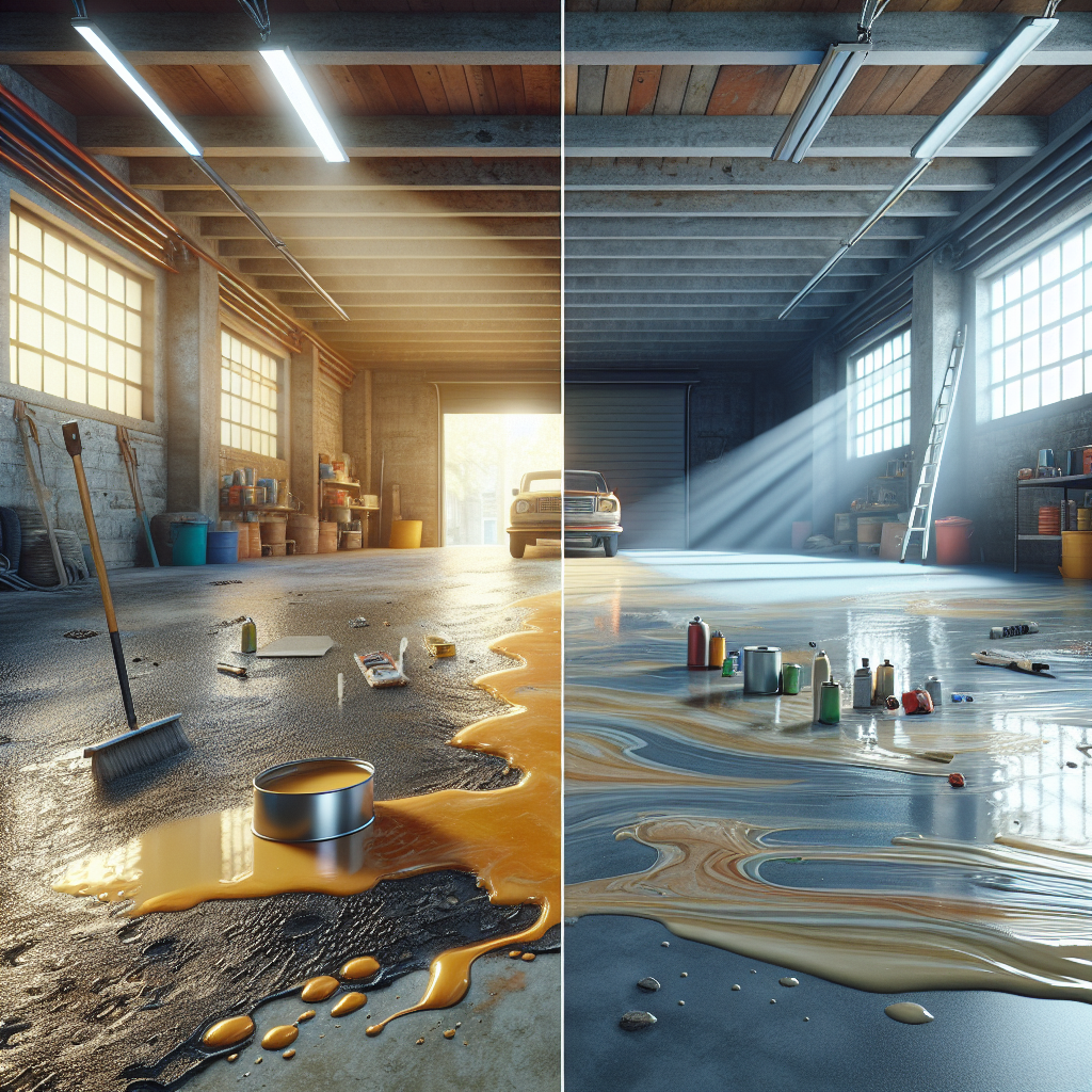 A professional garage floor epoxy installation in progress showing before and after transformation