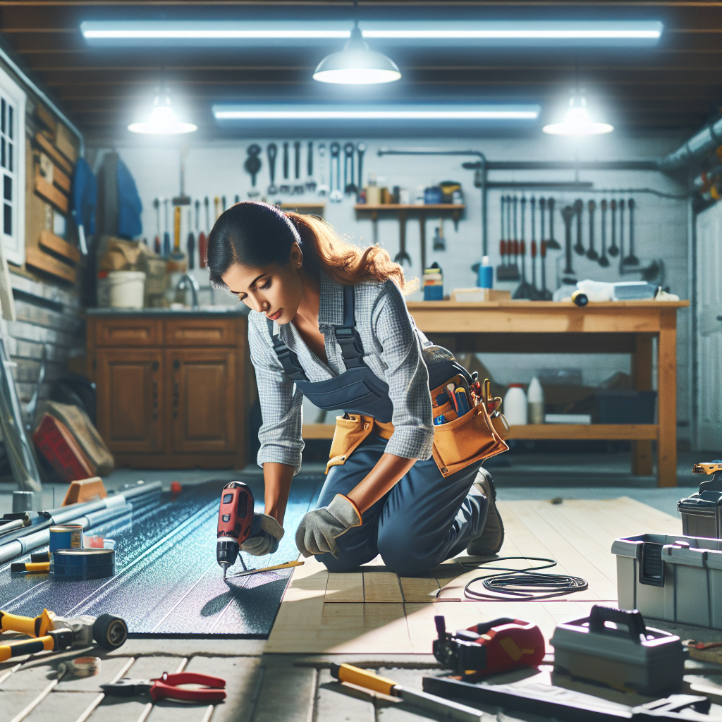 A professional installing an epoxy garage floor with tools and equipment visible