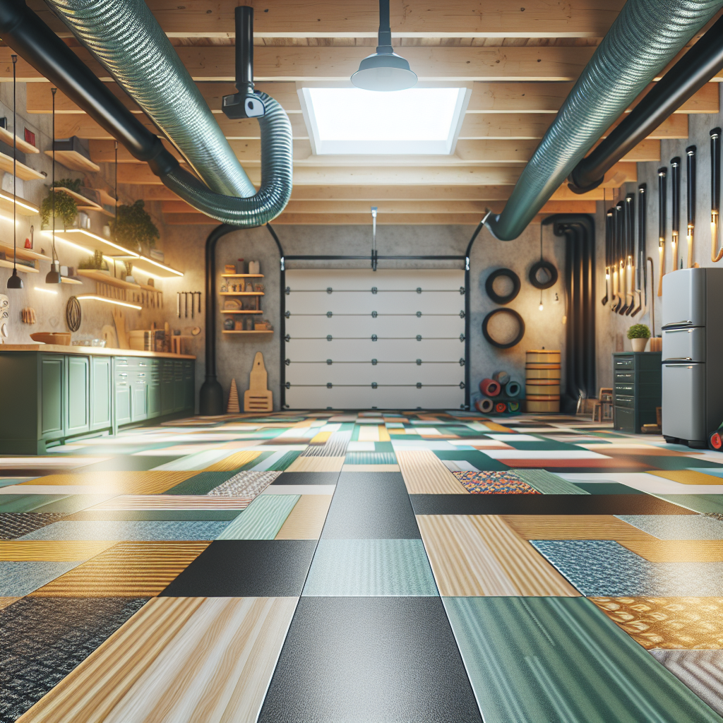 A colorful display of eco-friendly epoxy flooring options in a well-lit garage setting
