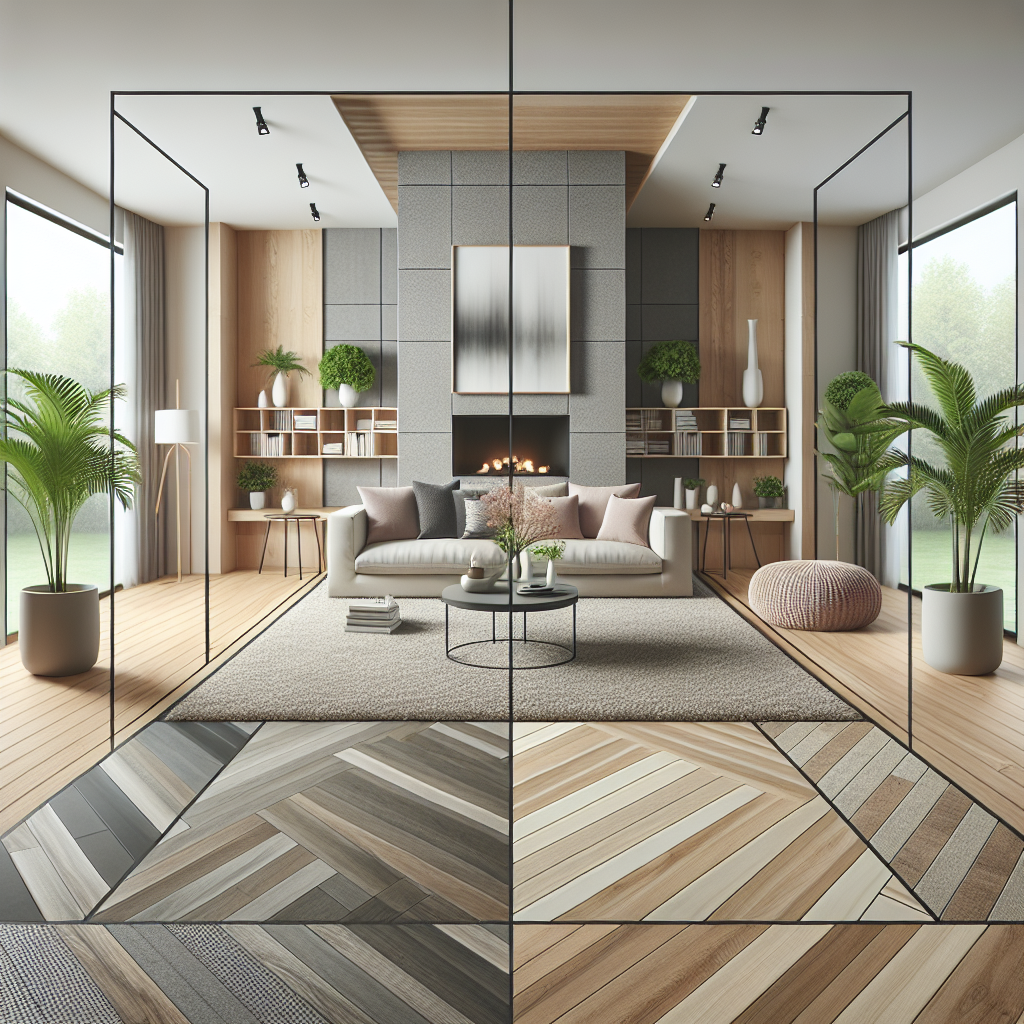 A modern living room showcasing different types of flooring options including hardwood, laminate, tile, and carpet in an aesthetically pleasing arrangement.